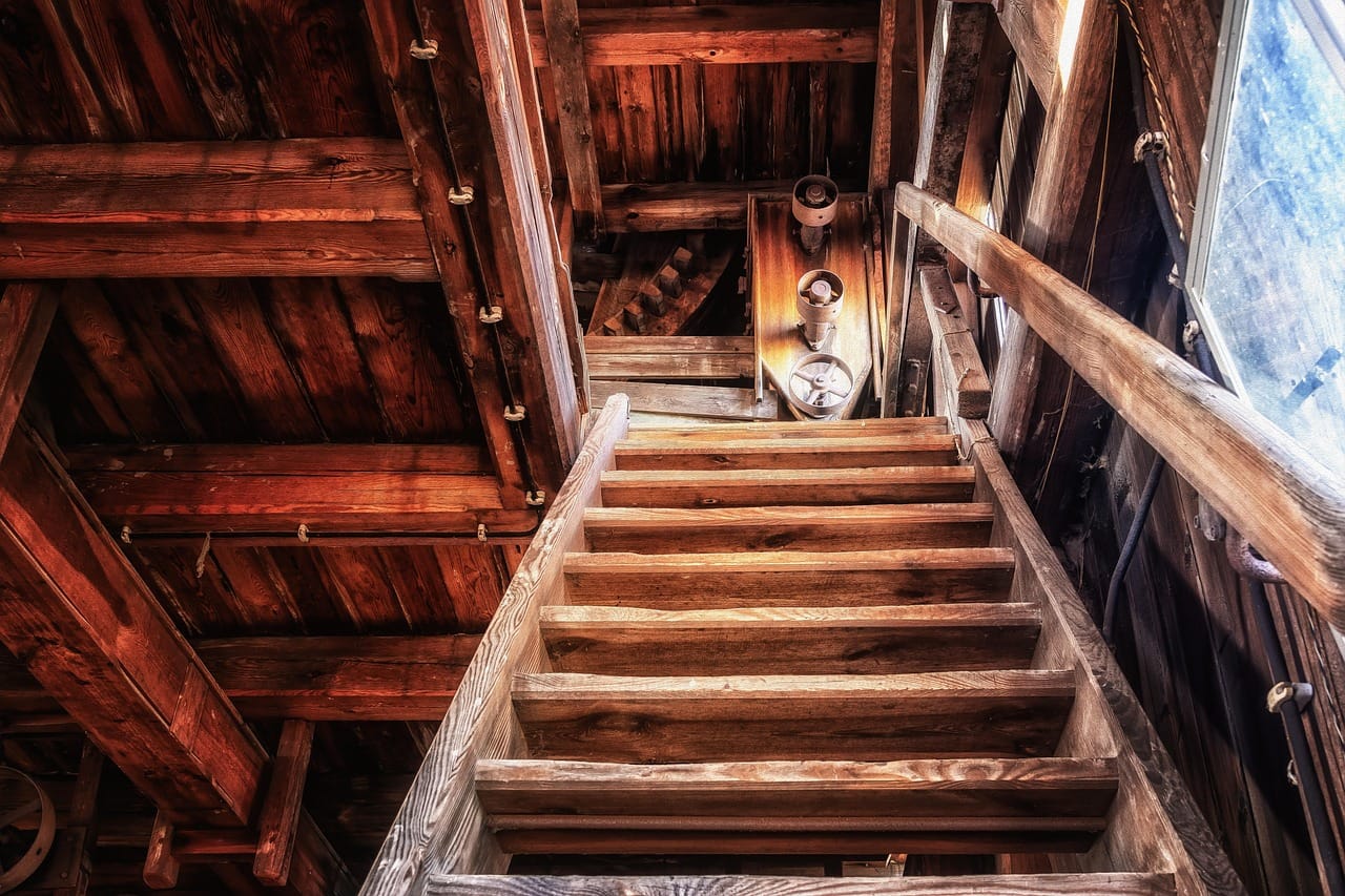 The stairs. Furniture goes in through the window, on a rope.