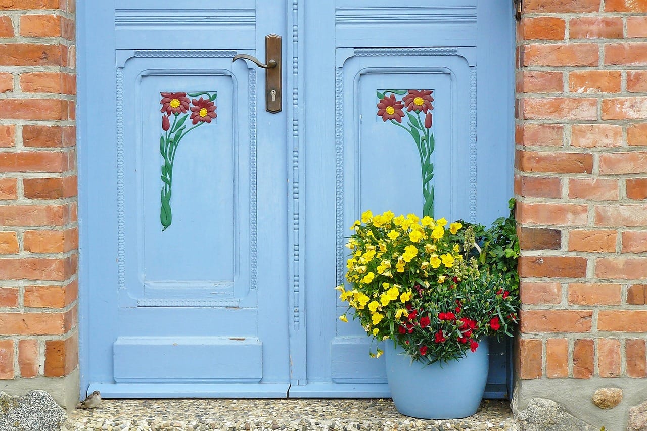 Two big pots by the door, planted for winter with box and trailing ivy.