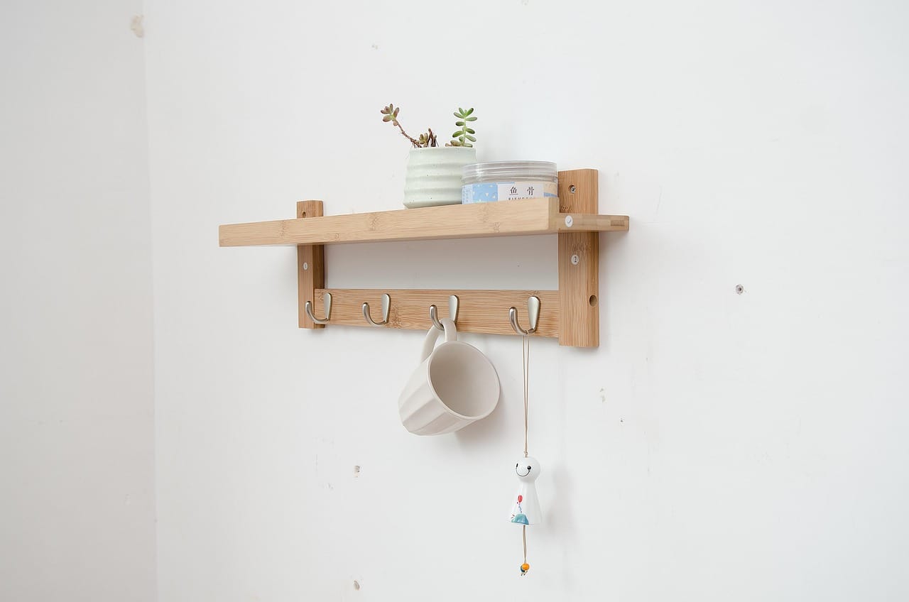 A row of hooks at two heights: coats up high, bags and dog lead lower down.