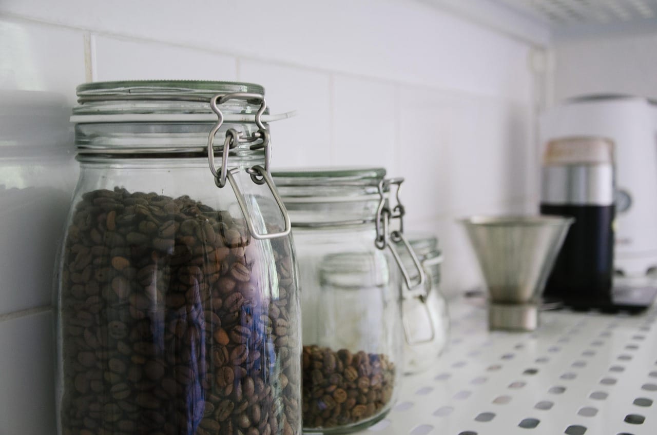 Glass jars for things used daily: rice, oats, coffee. The rest goes in a cupboard.